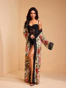 JIAN LASALA Floral Print Satin Silk-Like Elegant Women Loose Maxi Robe With Lace Trim Long Bell Sleeves - Multicolor - View 3