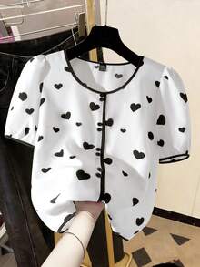 SHEIN Women's Summer Cute White And Black Heart Printed Button Short Sleeve Shirt,Casual Elegant Crew Neck Everyday Contrast Fashion Blouse - White - View 5