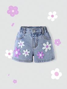 SHEIN 2026夏季新款浅蓝色水洗Y2K甜美风重工刺绣宽松阔腿休闲牛仔短裤，美式复古多巴胺夏季度假装 - 淺色水洗藍 - 查看 4