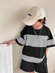 SHEIN 2pcs Young Boys' Fashion Casual Comfortable Summer Set,Patchwork Contrast Color Round Neck T-Shirt And Loose Cargo Shorts,Suitable For Daily Sports - Grey - View 7