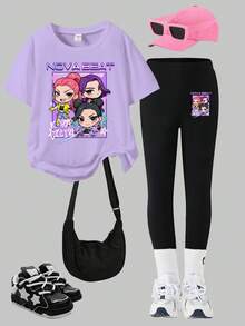 2件套KPOP印花上衣，少女圆领卫衣和打底裤套装，时尚休闲，适合秋冬季节 - 彩色 - 查看 3