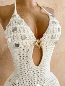 Soleia Women's Solid Color Sequin Design Hollow Out Halter Knit Dress, Vacation - White - View 6