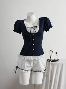 Elamini Black Vintage-Style Regular Shoulder Short Sleeve T-Shirt, Spring/Summer