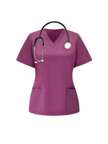 TaskEZ Scrubs Set: V-Neck Short Sleeve Top & Pants Scrub Uniform For Healthcare Workers - Red Violet - View 5
