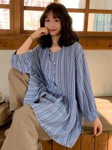 FRIFUL Women's Striped Blue Waist Cinched Special Placket Design Loose Casual Versatile Shirt, Spring/Summer - Blue - View 5