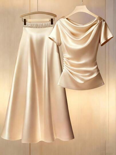 SHEIN Franclia 女士两件套：深V领短袖收腰褶皱T恤，高腰A字廓形，装饰腰带，绉纱面料，休闲时尚，优雅