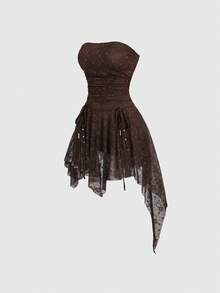 Sweetra 女士万圣节连衣裙、新年装、感恩节连衣裙，适合派对、通勤、日常、旅行、节日穿着，棕色连衣裙，腰部荷叶边，银色珠饰，抽绳系带，蕾丝不对称下摆A字迷你连衣裙 - 棕色 - 查看 5