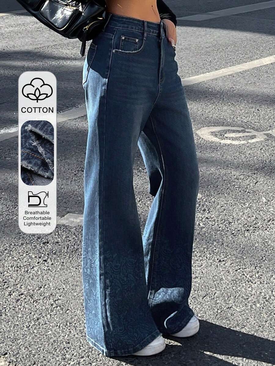 DAZY Women's Regular Waist Bell-Bottom Printed Vacation Style Jeans