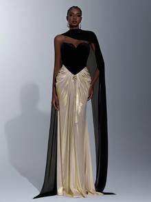 Elitara Elegant, Luxurious, Fashionable, Sexy Black And White Contrast, Velvet Fabric, Coated Fabric, Strapless, Waist Metal Decor Buckle, Fishtail Skirt, Trailing, (Detachable Halter Flounce) Suitable For Vacation, Wedding, Bachelorette Party, Formal Ball Gown, Formal Dinner Dress - Black and White - View 7