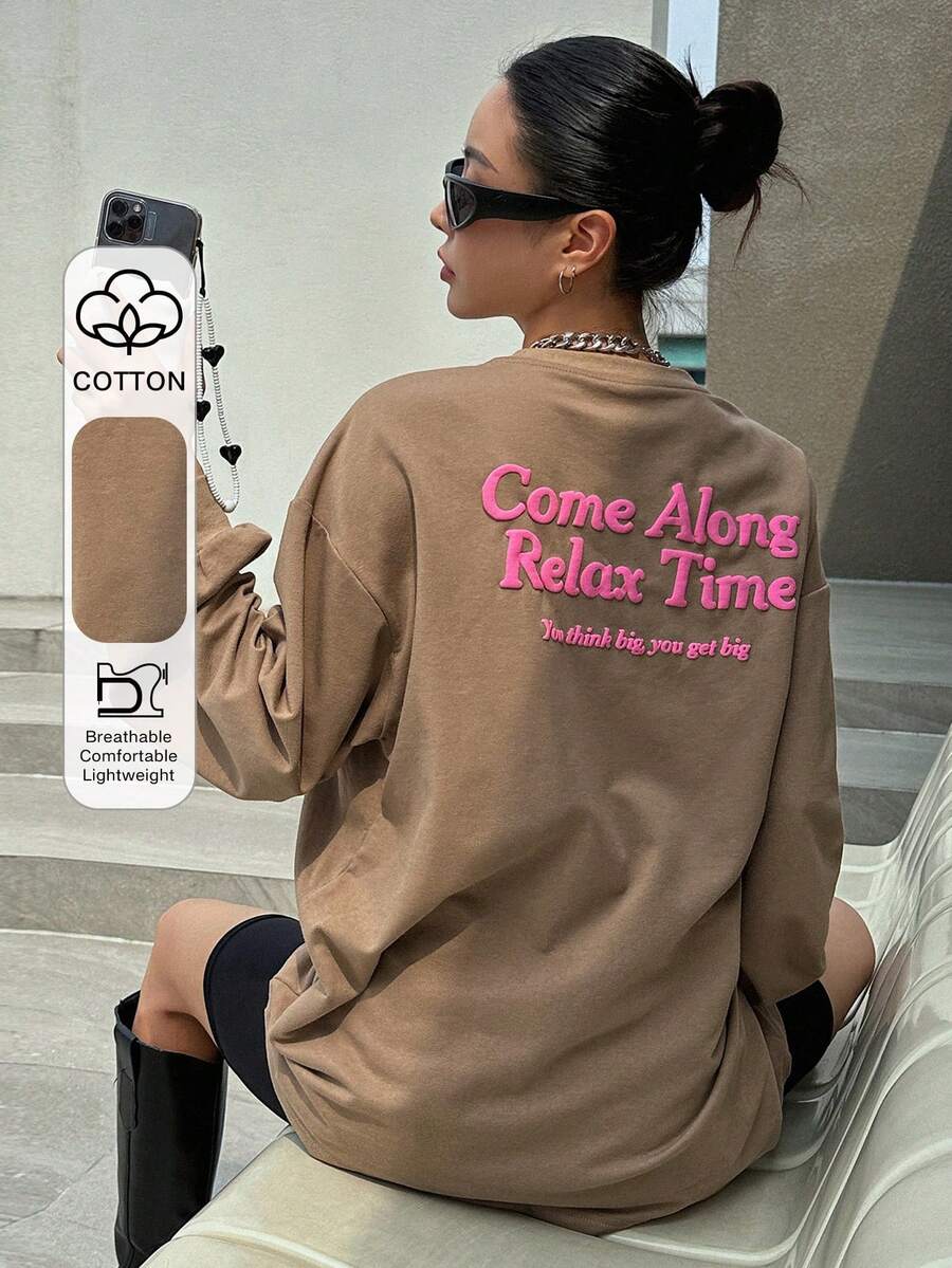 DAZY Women T-Shirts Huruf Slogan Casual - Coklat - View 1