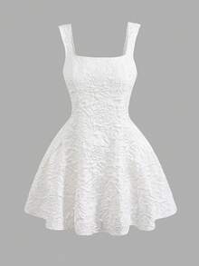 SHEIN Teen Girls' Elegant White Jacquard Square Neck A-Line Sleeveless Dress White Dress Teen Girl Korean Cut Dress Cute For Teens White,Kids - White - View 9