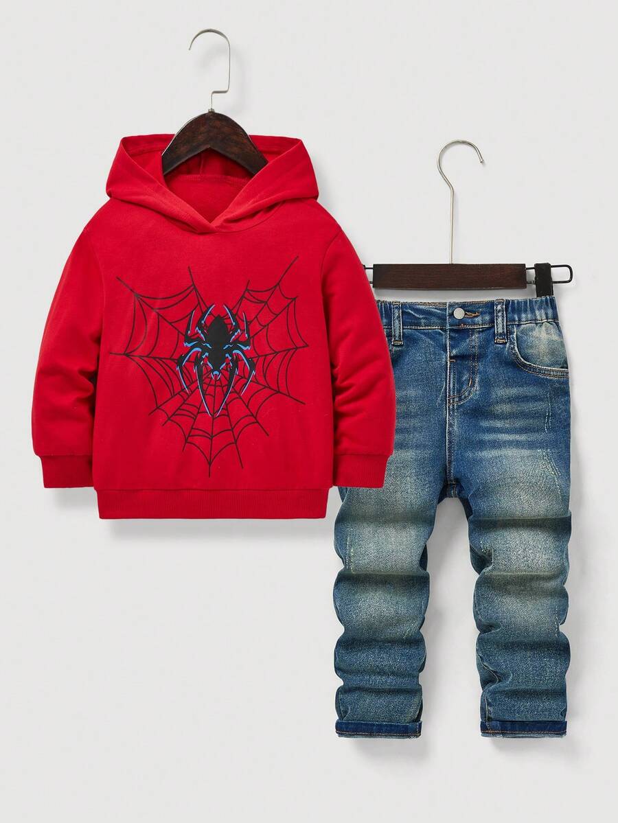 SHEIN Bộ đồ 2 món phong cách đường phố cá tính dành cho bé trai, gồm áo sweatshirt đỏ in hình nhện và quần jeans skinny đen rách co giãn cao cấp, thích hợp cho mùa thu/đông. - Rửa trung bình - Xem 1