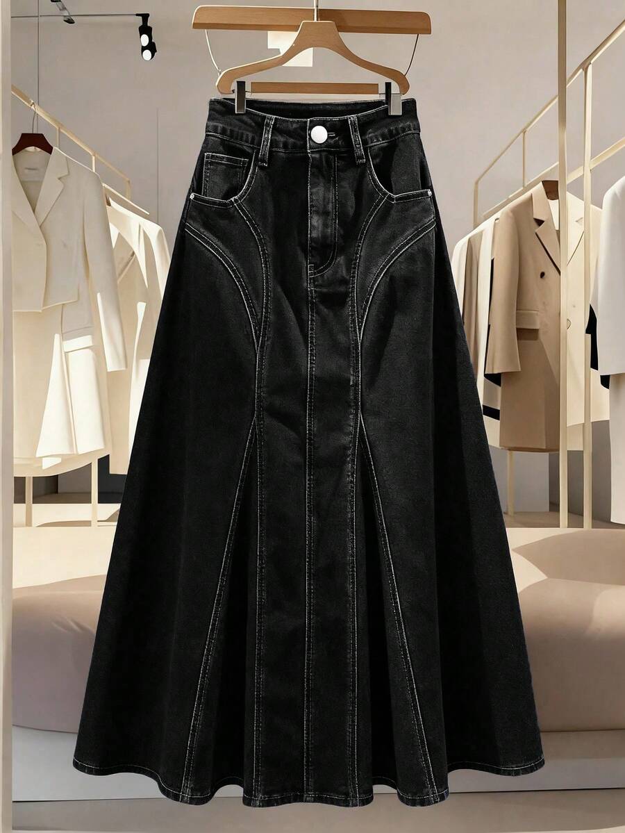 GlowEve Women's Pocketed Button Pleated Casual Versatile Date Outing Denim Mini Skirt - Dark Grey - View 1