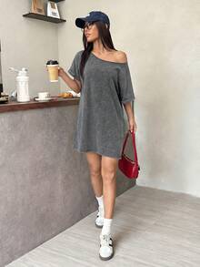 SHEIN EZwear 复古水洗宽松露肩T恤裙，西部音乐节风格，夏季 - 灰色 - 查看 4