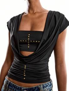 LYSMO 女士纯色十字铆钉褶皱休闲百搭约会外出短袖T恤 - 黑色 - 查看 4