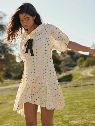 WESTFADE Ruffle V Neck Bow Front Short Sleeve Tiered Ruffle 100% Polka Dot Cotton Mini Dress