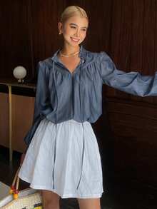 Livesso Loose Fit Tie Front Denim Blouse For Women - Blue - View 8