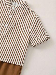 SHEIN Baby Boys Everyday Casual Co-Ord Set With Striped Stand Collar Short Sleeve Shirt And Long Pants Button Front Multicolored Polyester Outfit - Multicolor - View 11