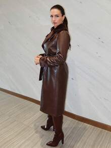 MDEdit Women's Fluffy Panel Front Button Closure Long Sleeve Casual PU Leather Trench Coat Fall Winter Cloth For Women - Brown - View 5