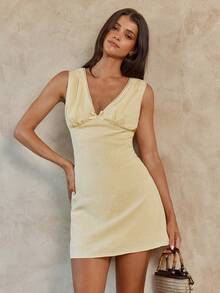 Enchnt 无袖V领荷叶边腰身A字迷你连衣裙 - 黃色 - 查看 1