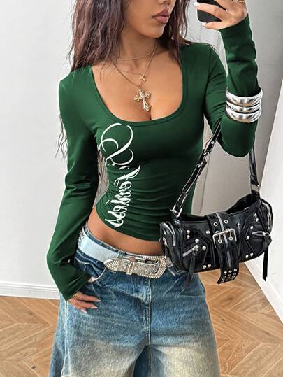 StreetHx 女士黑色U领修身舒适银色字母印花朋克摇滚Y2K坏女孩休闲街头风学院风2000年代风格长袖T恤