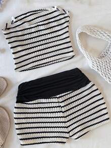 SHEIN 少女条纹抹胸上衣和短裤休闲套装 - 黑色 - 查看 2