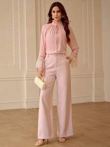 ZEYLAH Bộ đồ 2 mảnh thanh lịch dành cho nữ, gồm áo tay dài phối ren tương phản, cổ bèo nhún và quần dài, thích hợp cho mùa xuân/hè. - Hồng - Xem 6