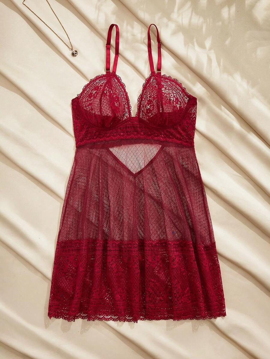 Charlaine Wine Red Sexy Lace Camisole Nightgown For Women - Burgundy - View 1