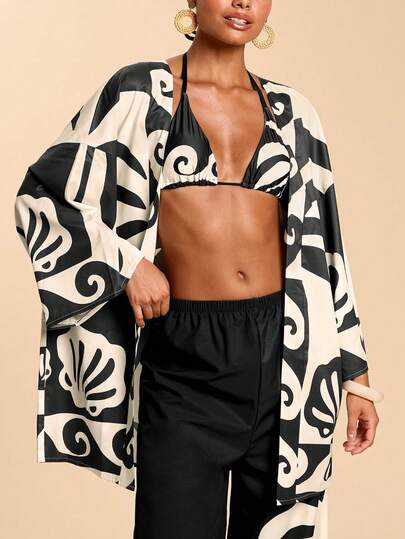 Travachic Women's Loose Drop Shoulder Geometric Print Kimono Cover Up, Suitable For Vacation,Beach,Beach Outfits For Women,Beach Set,Going Out,Vacation,Vacation Outfits Women,Holiday,Summer,Summer Clothes,Summer Outfits For Women,Valentine's Day,Carnival,Carnival Costume,Party ,Going Out,Going Out Outfits,Casual,Elegant,Y2k,Flower,White ,Black