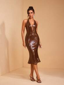 JIAN LASALA 纯棕色亮片深V领露背系带修身优雅中长连衣裙 - 咖啡 - 查看 5