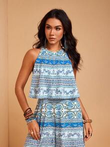 JIAN LASALA 女士度假休闲圆领无袖叠层阔腿长款连体裤，全身印花 - 藍色 - 查看 6