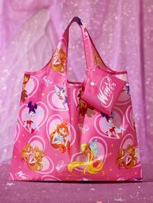 The Winx X SHEIN 1个可爱卡通人物印花可折叠购物袋/手提袋，带珠链小收纳袋，可挂在包上，轻便易携，适合购物、通勤、郊游、朋友聚会等场合。 - 玫紅色 - 查看 2