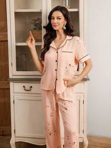 SHEIN 女士蝴蝶蜻蜓印花撞色翻领短袖睡衣套装，春夏秋季 - 粉色 - 查看 6