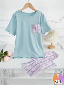 Girls Ditsy Floral Knit Casual Pajama Set With Short Sleeve Top And Long Pants, Fresh Home Wear For Spring/Summer - Multicolor - View 10