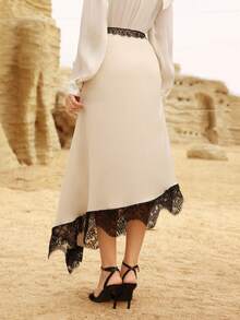 Modelyn Women's Apricot Woven Lace Trim Hem Elegant A-Line Skirt, Spring/Summer - Apricot - View 5