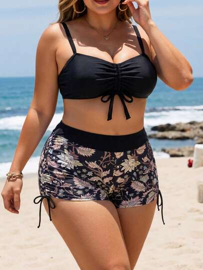 Swim Lushoire Plus Size Women Elegant Bohemian Print Swimsuit Set, Drawstring Gather, Tropical Leaf Color Block Plus Size Swimsuit Set