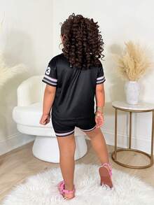 女童休闲日常数字印花针织上衣和打底裤套装 - 黑色 - 查看 3