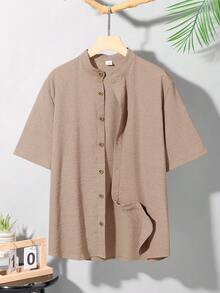 SHEIN 青少年男童纯色单排扣短袖纹理休闲衬衫，舒适时尚，适合夏季穿着，可用于休闲、上学、旅行和海滩度假等场合。 - 杏色 - 查看 2