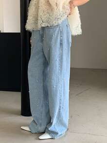 DAZY Women's Straight Leg Pearl Embellished Jeans, Stylish Wide Leg Dragging Jeans - Light Wash - View 6
