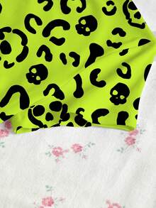 Rovax Women's Neon Green Leopard Print Skull Graphic Round Neck Short Sleeve Cropped T-Shirt - Multicolor - View 5
