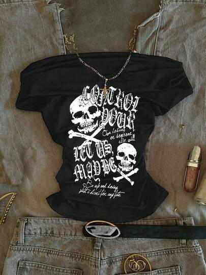Attitoon Damt-t-shirt med rynkad midja och dödskalle- och sanskrittryck, enaxlad passform, kortärmad, lämplig för sommar, utomhus, Y2K, grunge, retro punk, gatustil, chic