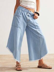 Bohemela 女士休闲纯色梭织宽松七分裤 - 藍色 - 查看 6