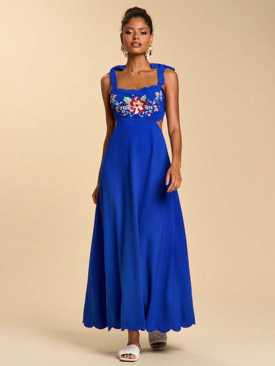 Travachic Women's Floral Embroidery Tie-Up Elegant Vacation Camisole Dress - Blue - View 1