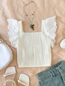 SHEIN Tween Girl Crew Neck Burnout Embroidered Cap Sleeve Textured T-Shirt - Apricot - View 2