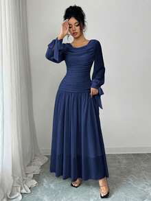 Elenzga Elegancka sukienka damska z szyfonu z falbaniastym kołnierzem, rękawami typu latarnia, wiązaniem w talii, odpowiednia na oficjalne okazje, takie jak koktajl party, bal maturalny, wesele, Halloween, Boże Narodzenie, Święto Narodowe, Nowy Rok - Granatowy - Zobacz 5