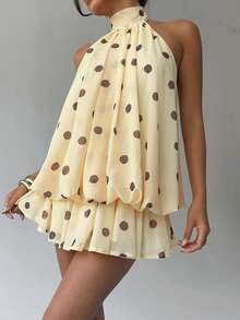 Aloruh 女士优雅浅黄色吊带系带迷你连衣裙 - 彩色 - 查看 5