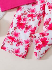 SHEIN Setelan 2 Potong Musim Panas untuk Anak Perempuan, Atasan Tanpa Lengan Bergaris Warna Fuchsia dan Celana Panjang Lurus Motif Bunga, Pakaian Liburan Ulang Tahun Pertama Anak, Liburan yang Nyaman - Berwarna merah muda - View 7