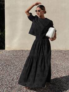 DAZY 2pcs Women Casual Lace Hollow Puff Sleeve Top And Skirt Set, Autumn/Winter