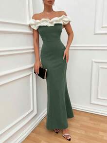 EURMUSE Two Tones Off Shoulder Ruffle Trim Bodycon Dress, Elegant Dress - Army Green - View 5