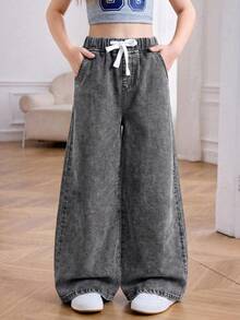SHEIN Tween Girl Summer Light Washed Drawstring Waist Wide Leg Casual Jeans Wide Leg Jeans For Daily Wear,Summer Stretchy Waist Comfortable Wide Leg Pants, Summer Beach Boho Vacation Casual,Rave Concert Festival - Grey - View 3